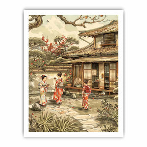 Traditional Japanese courtyard canvas art with kimono figures and blossoms for elegant home decor.