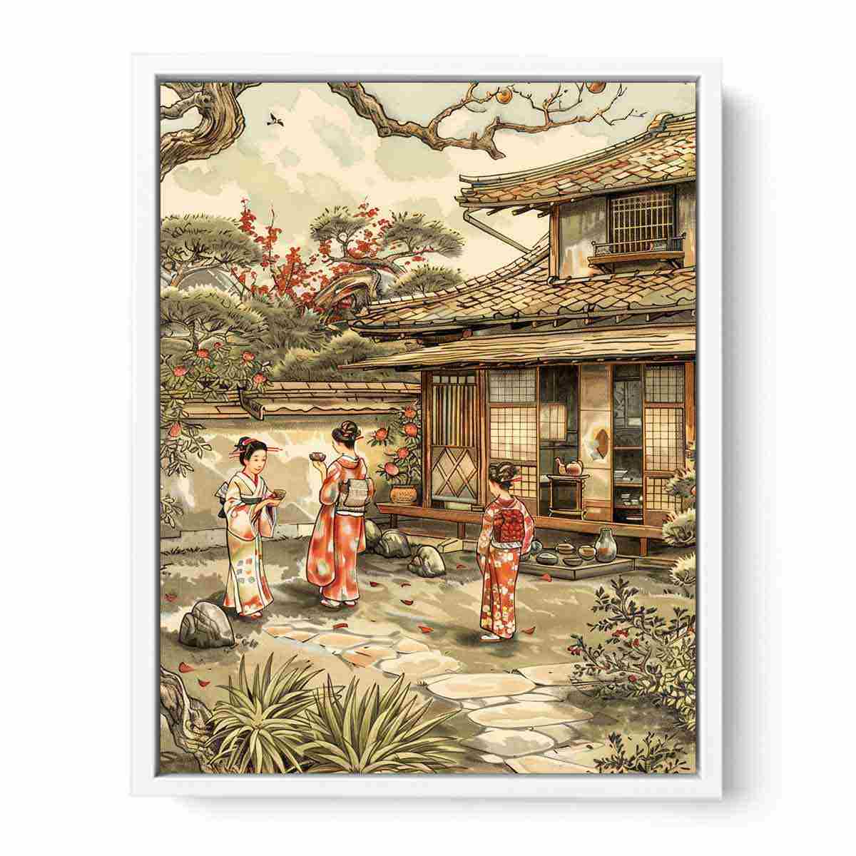 Traditional Japanese courtyard canvas art with kimono figures and blossoms for elegant home decor.