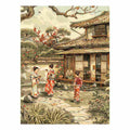 Traditional Japanese courtyard canvas art with kimono figures and blossoms for elegant home decor.