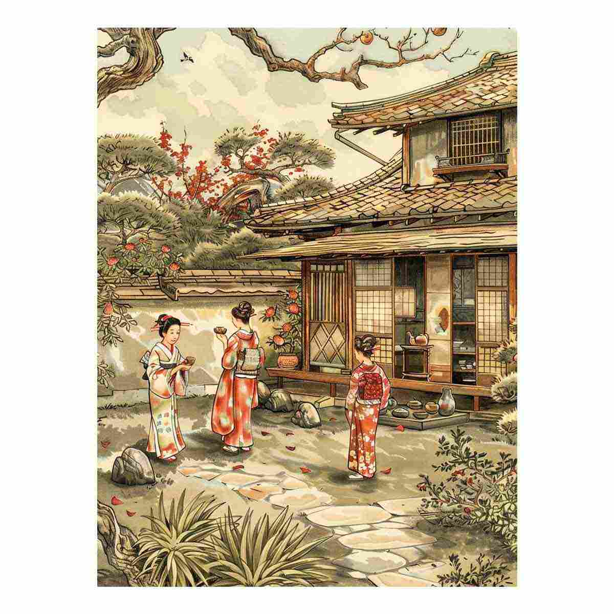 Traditional Japanese courtyard canvas art with kimono figures and blossoms for elegant home decor.