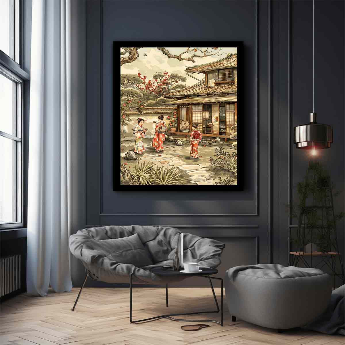 Traditional Japanese courtyard canvas art with kimono figures and blossoms for elegant home decor.