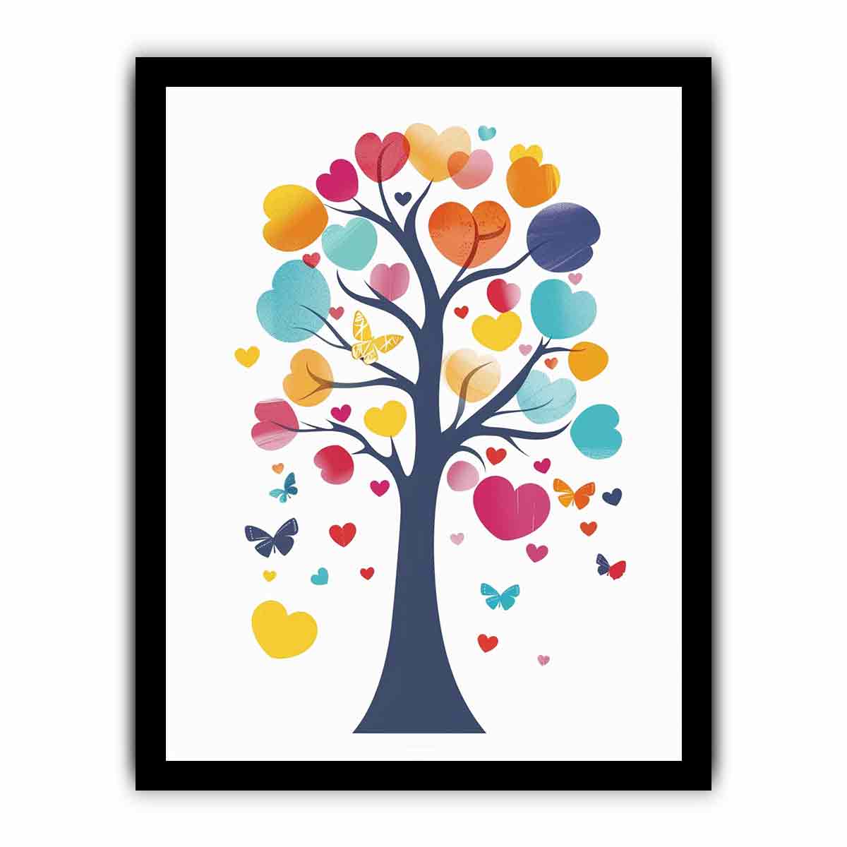 Colorful heart tree illustration with butterflies for nursery and kids room canvas decor.