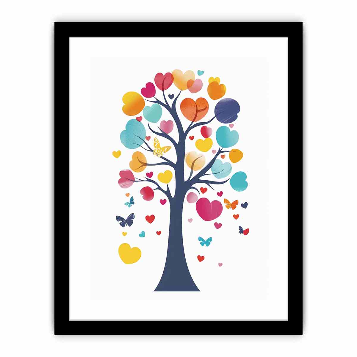 Colorful heart tree illustration with butterflies for nursery and kids room canvas decor.