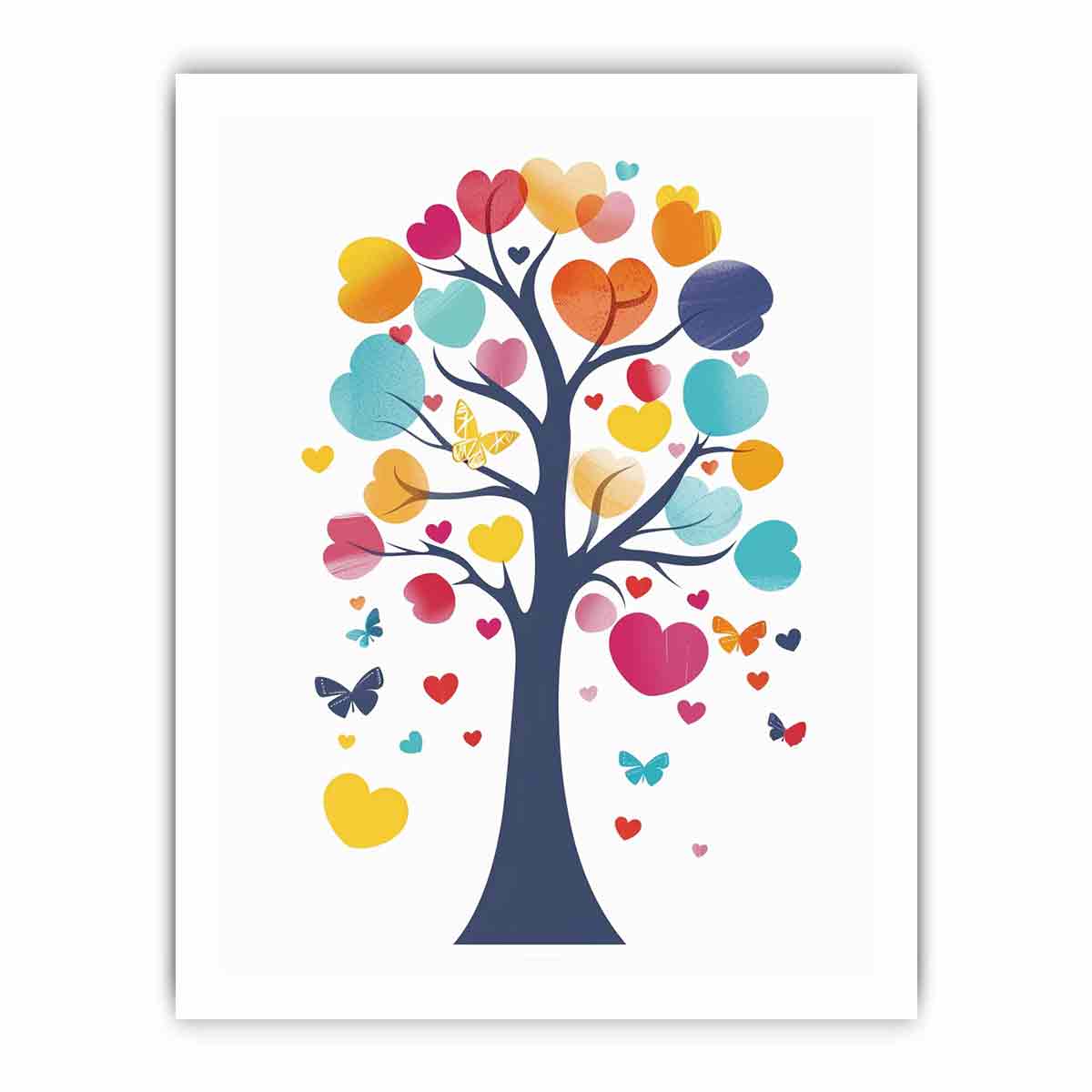 Colorful heart tree illustration with butterflies for nursery and kids room canvas decor.