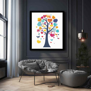 Colorful heart tree illustration with butterflies for nursery and kids room canvas decor.