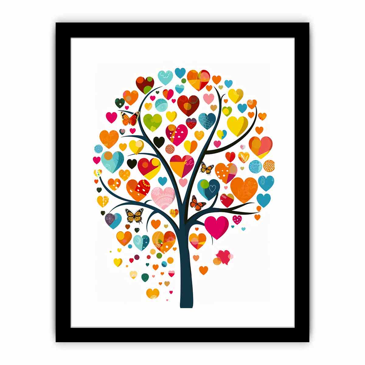 Colorful heart tree wall art with butterflies and vibrant heart-shaped leaves for cheerful living room decor.