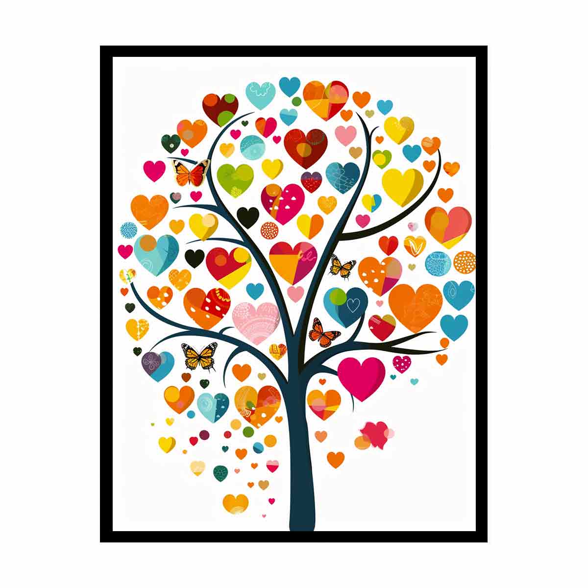 Colorful heart tree wall art with butterflies and vibrant heart-shaped leaves for cheerful living room decor.