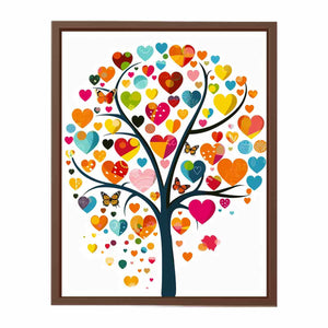 Colorful heart tree wall art with butterflies and vibrant heart-shaped leaves for cheerful living room decor.