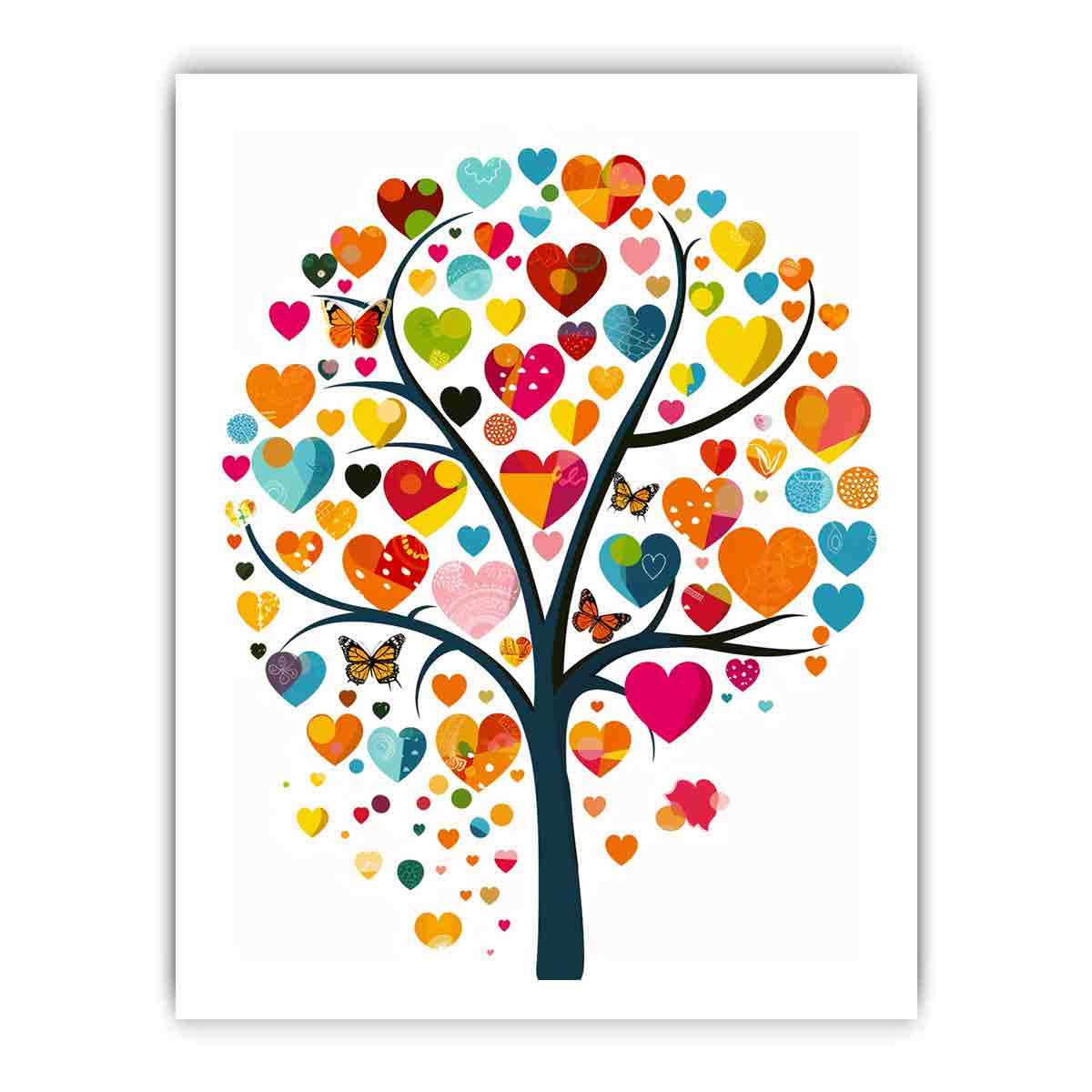 Colorful heart tree wall art with butterflies and vibrant heart-shaped leaves for cheerful living room decor.