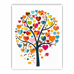 Colorful heart tree wall art with butterflies and vibrant heart-shaped leaves for cheerful living room decor.