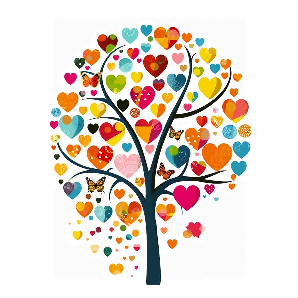 Colorful heart tree wall art with butterflies and vibrant heart-shaped leaves for cheerful living room decor.