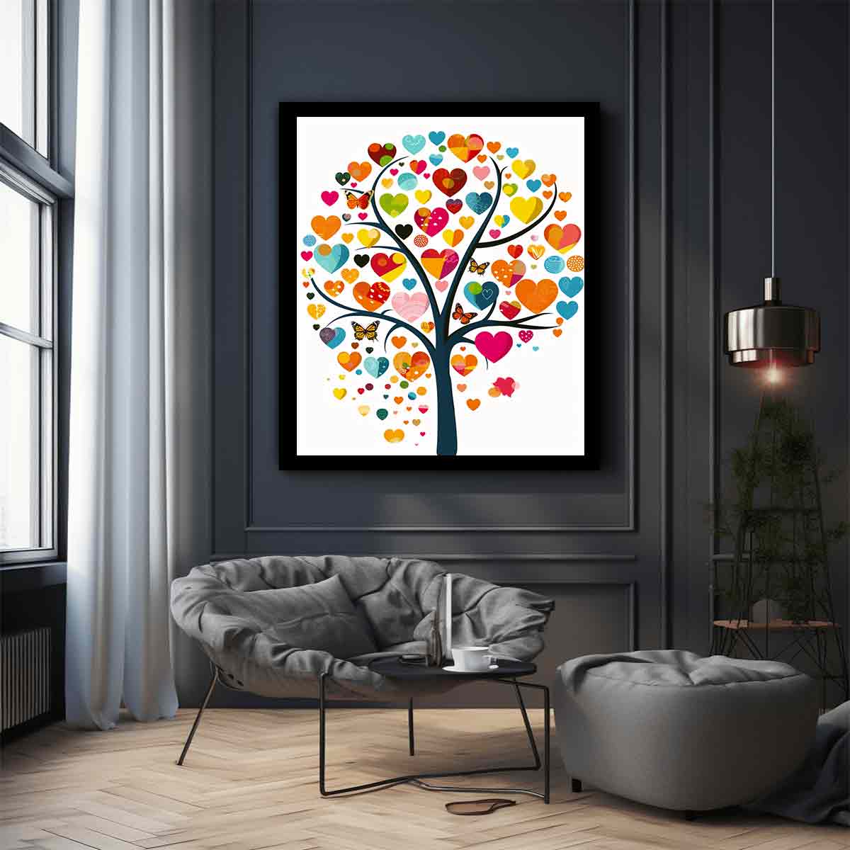 Colorful heart tree wall art with butterflies and vibrant heart-shaped leaves for cheerful living room decor.