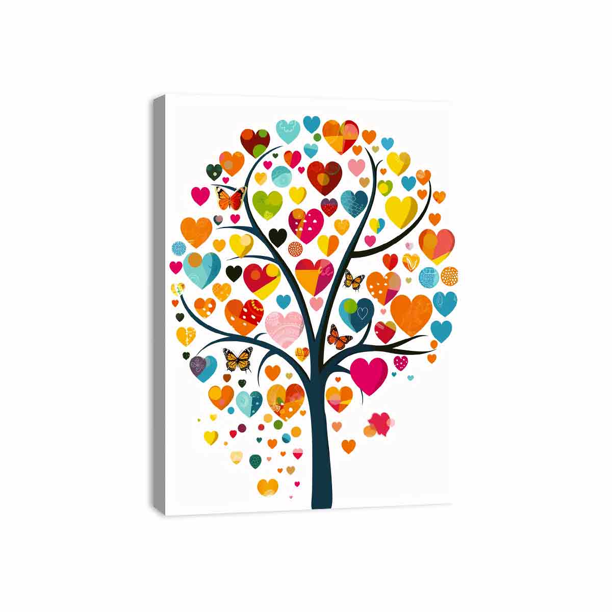 Colorful heart tree wall art with butterflies and vibrant heart-shaped leaves for cheerful living room decor.