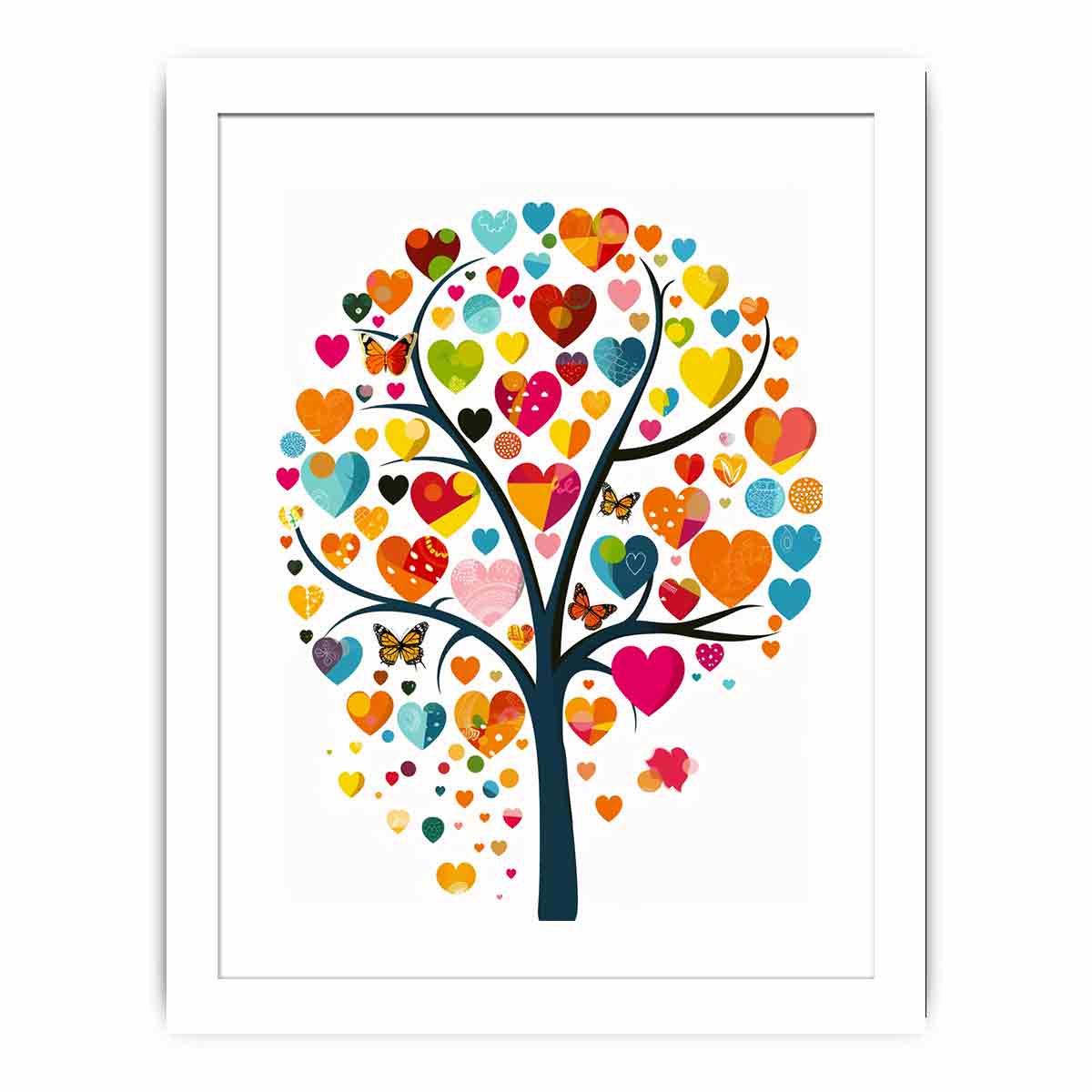 Colorful heart tree wall art with butterflies and vibrant heart-shaped leaves for cheerful living room decor.