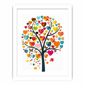 Colorful heart tree wall art with butterflies and vibrant heart-shaped leaves for cheerful living room decor.