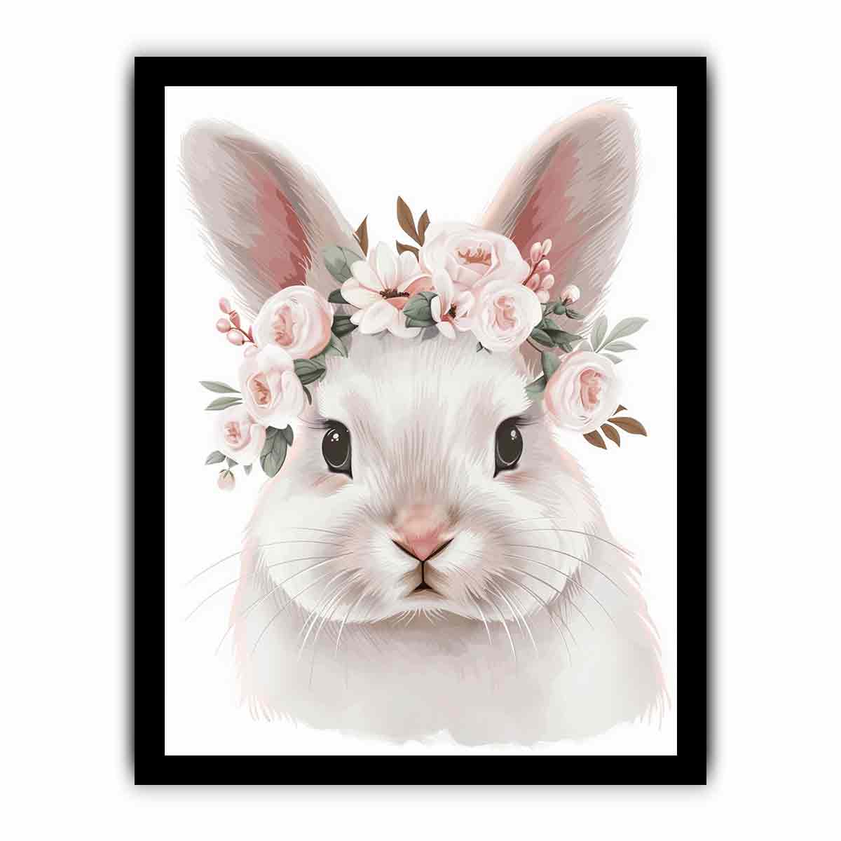 Soft white bunny with pink floral crown canvas art for nursery or kids bedroom decor.