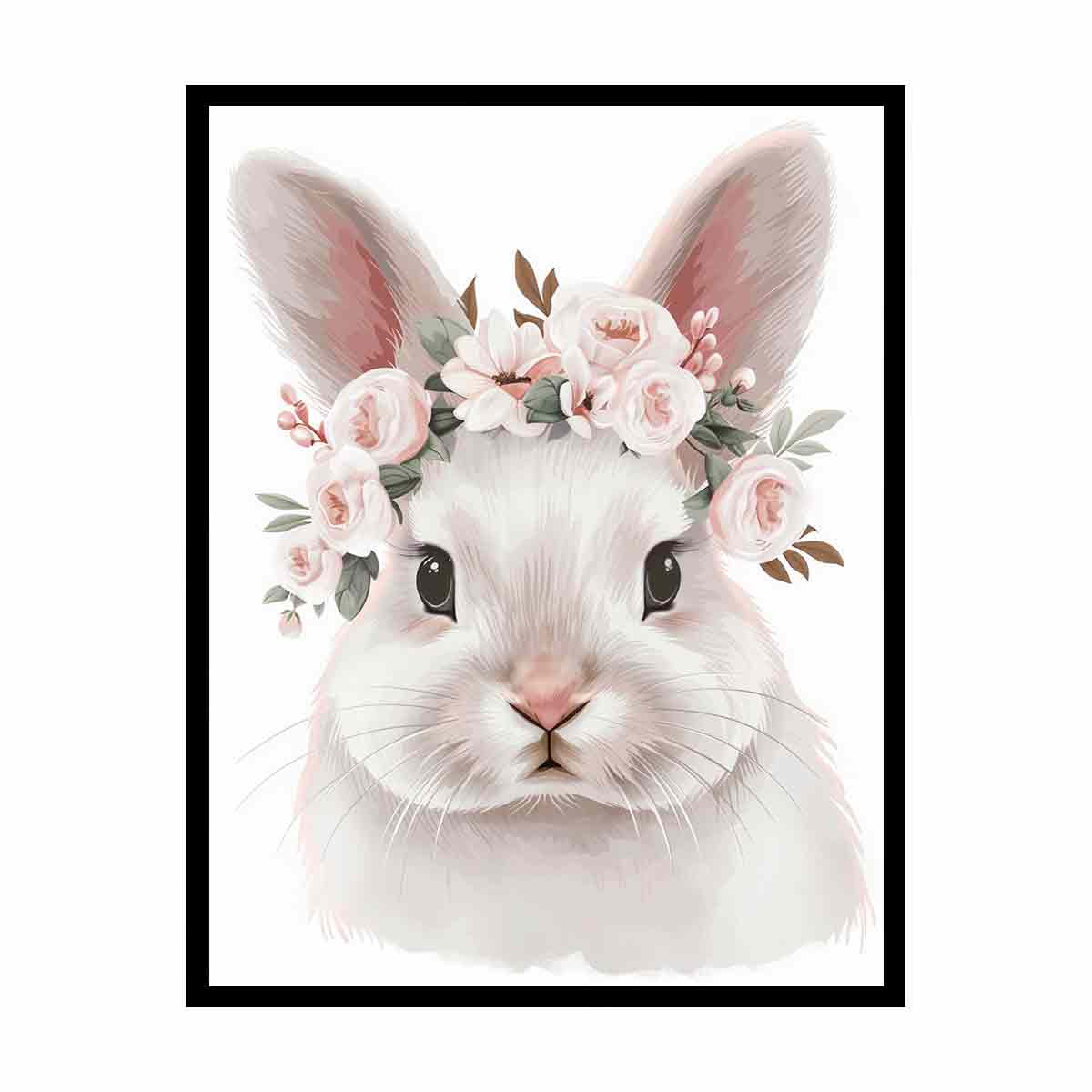 Soft white bunny with pink floral crown canvas art for nursery or kids bedroom decor.