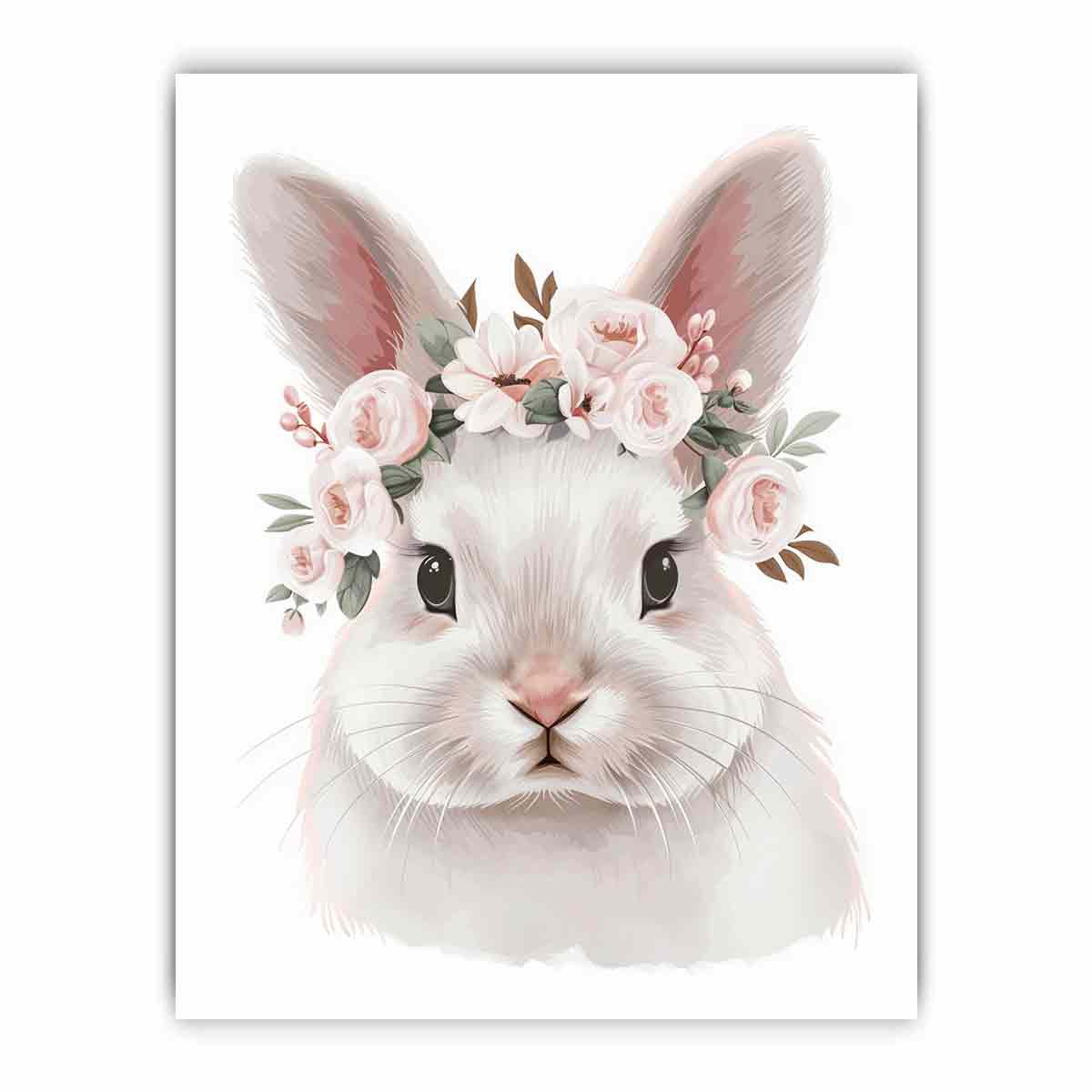 Soft white bunny with pink floral crown canvas art for nursery or kids bedroom decor.