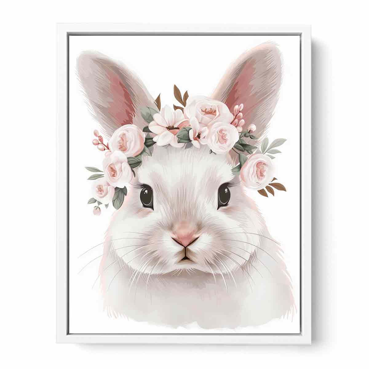 Soft white bunny with pink floral crown canvas art for nursery or kids bedroom decor.