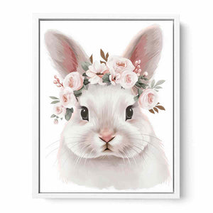 Soft white bunny with pink floral crown canvas art for nursery or kids bedroom decor.