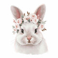 Soft white bunny with pink floral crown canvas art for nursery or kids bedroom decor.