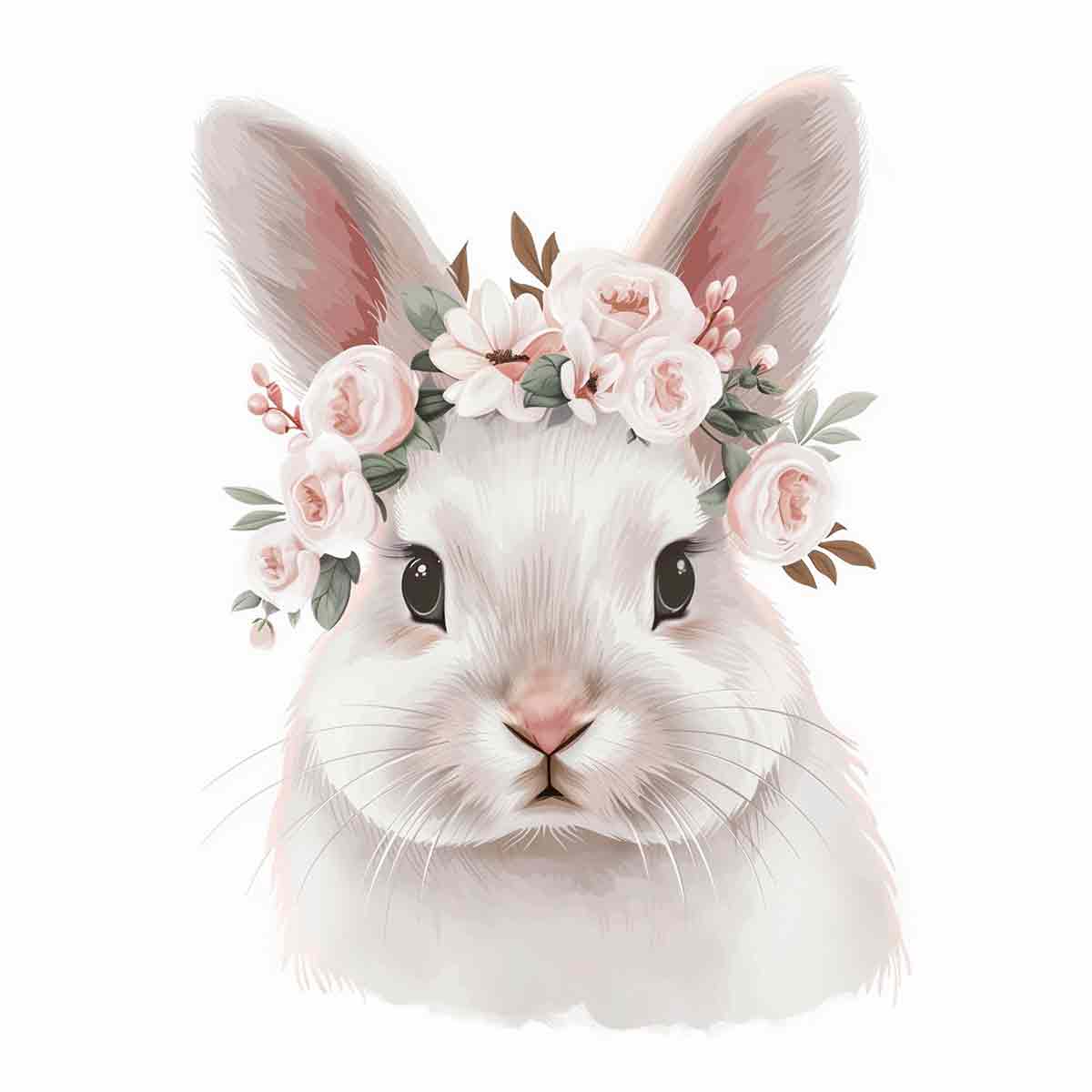 Soft white bunny with pink floral crown canvas art for nursery or kids bedroom decor.