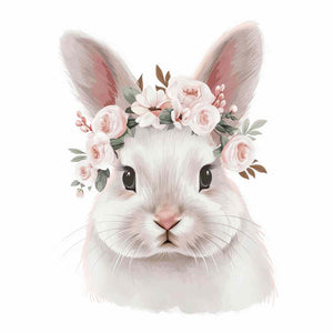 Soft white bunny with pink floral crown canvas art for nursery or kids bedroom decor.