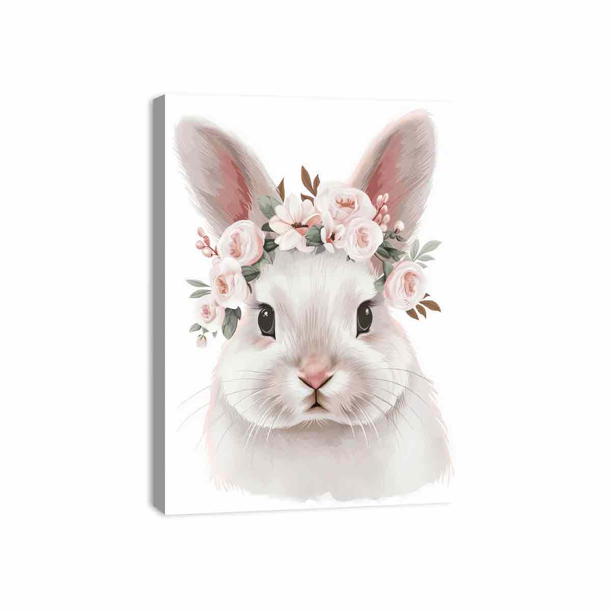 Soft white bunny with pink floral crown canvas art for nursery or kids bedroom decor.