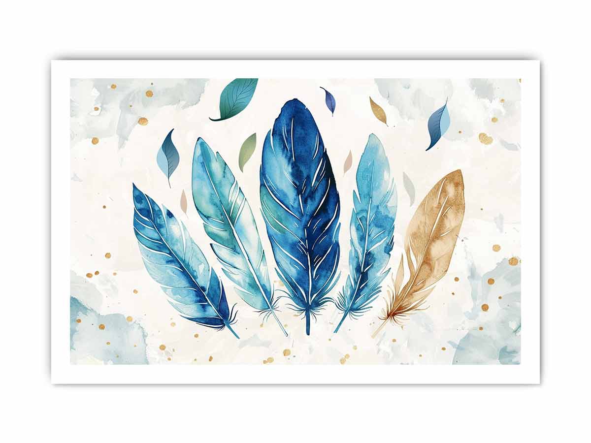 Blue watercolor feathers with leaves and gold accents for calm bedroom or living room canvas decor.