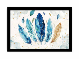 Blue watercolor feathers with leaves and gold accents for calm bedroom or living room canvas decor.