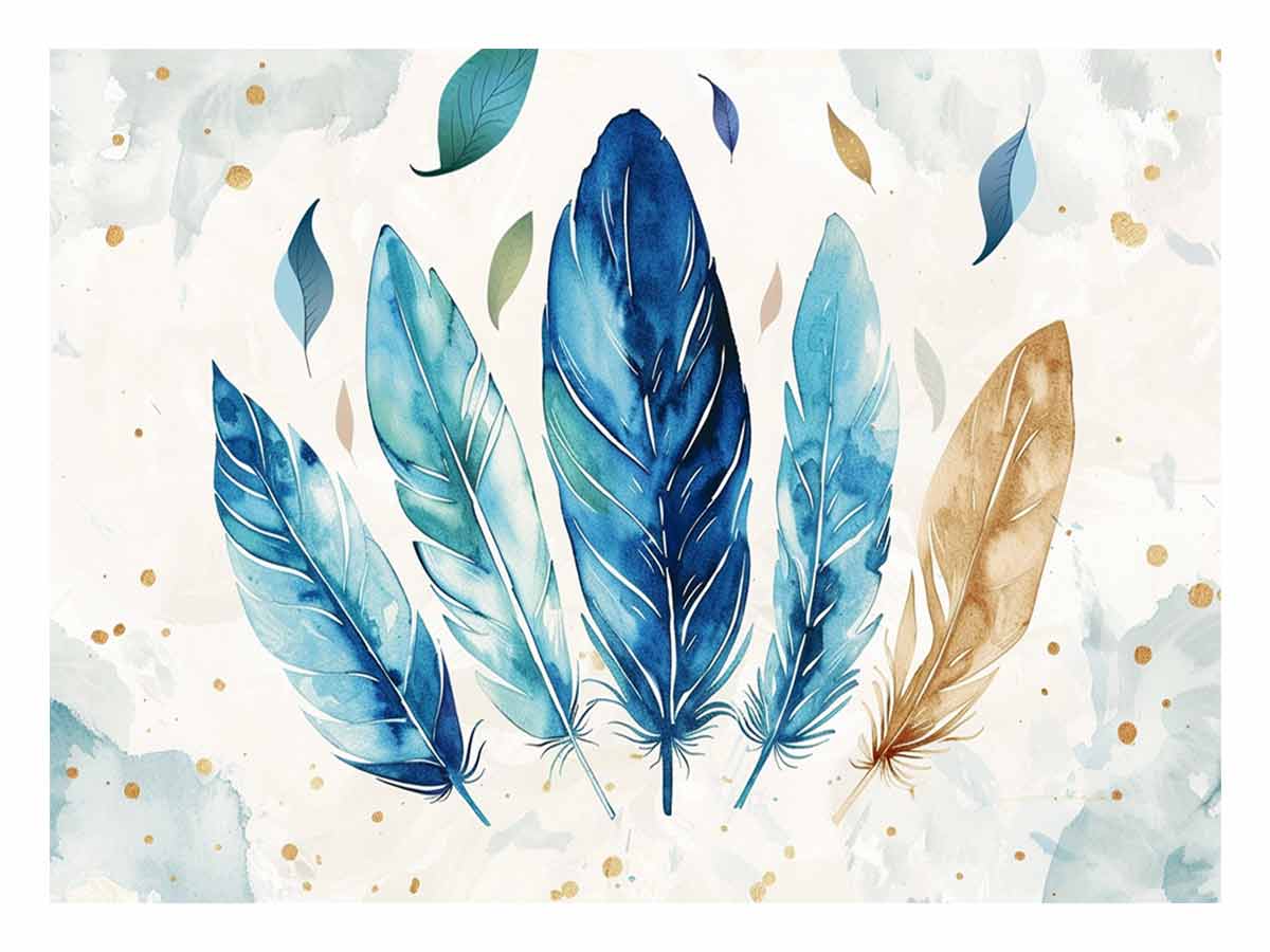 Blue watercolor feathers with leaves and gold accents for calm bedroom or living room canvas decor.