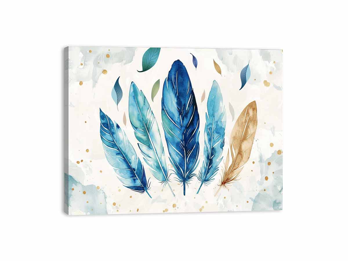Blue watercolor feathers with leaves and gold accents for calm bedroom or living room canvas decor.
