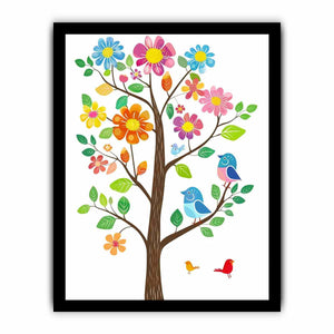 Colorful flower tree with cute birds canvas art for nursery, classroom, or kids bedroom decor.