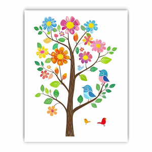 Colorful flower tree with cute birds canvas art for nursery, classroom, or kids bedroom decor.