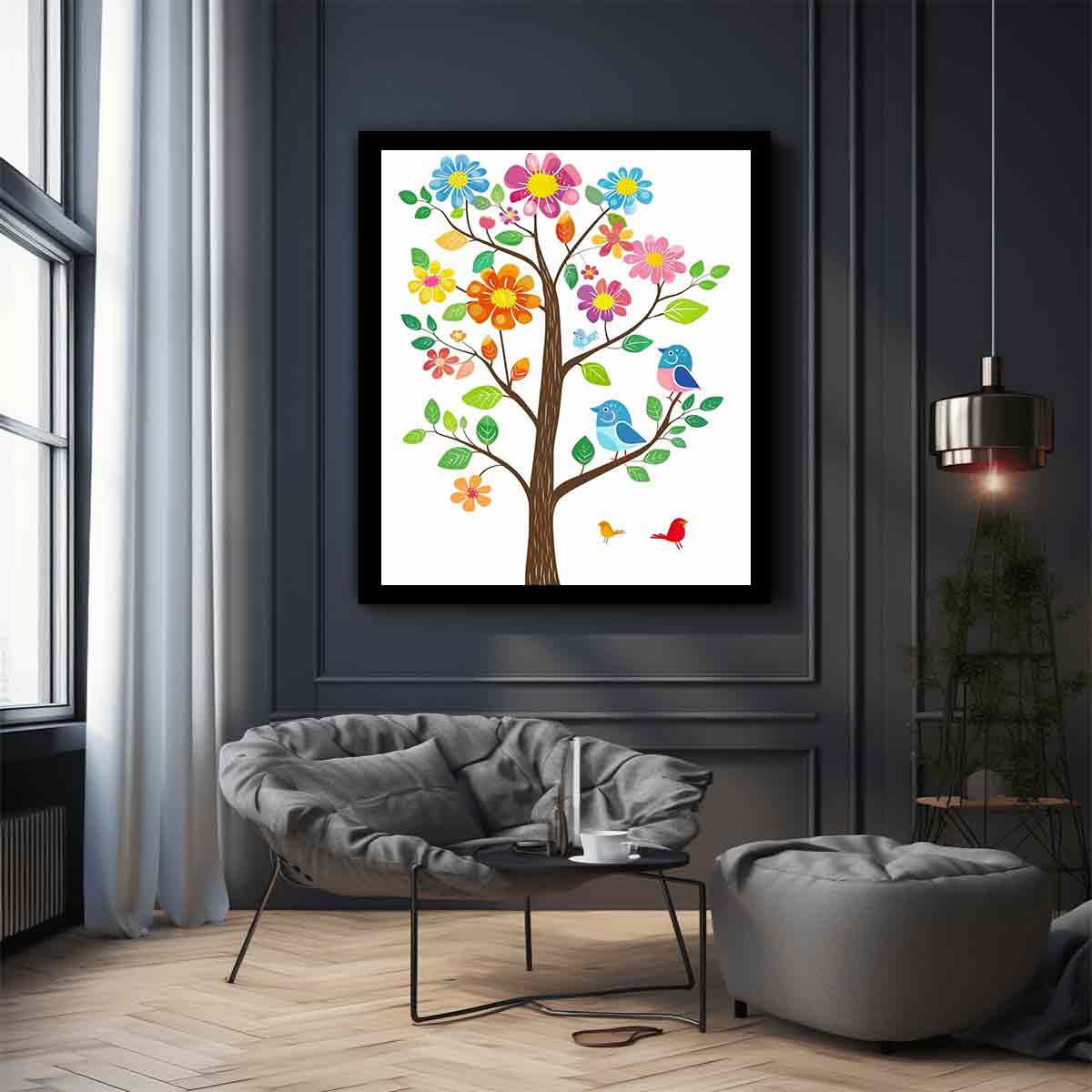 Colorful flower tree with cute birds canvas art for nursery, classroom, or kids bedroom decor.