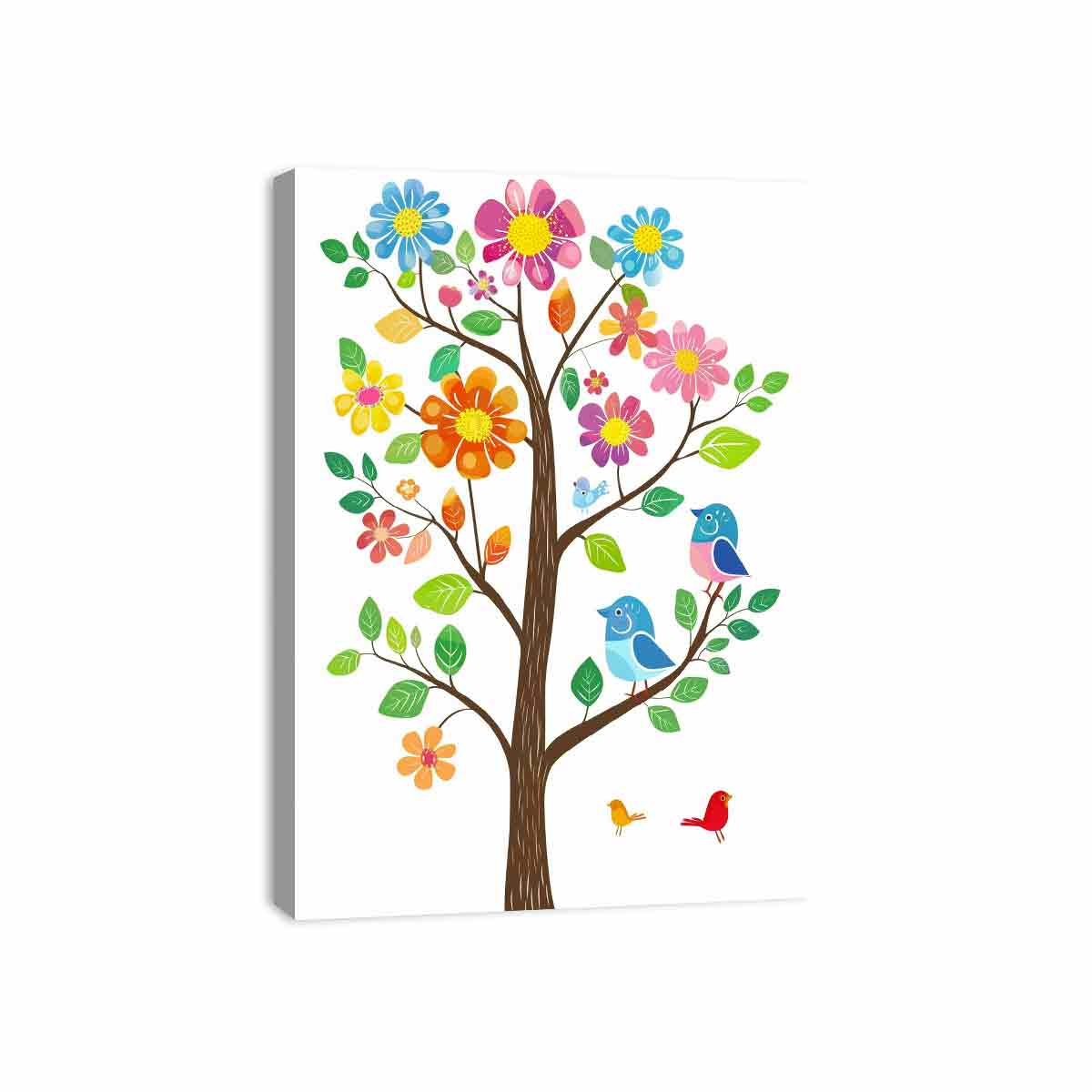 Colorful flower tree with cute birds canvas art for nursery, classroom, or kids bedroom decor.