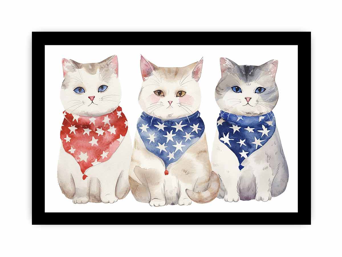 Three watercolor cats wearing red and blue star bandanas for cute family wall decor.