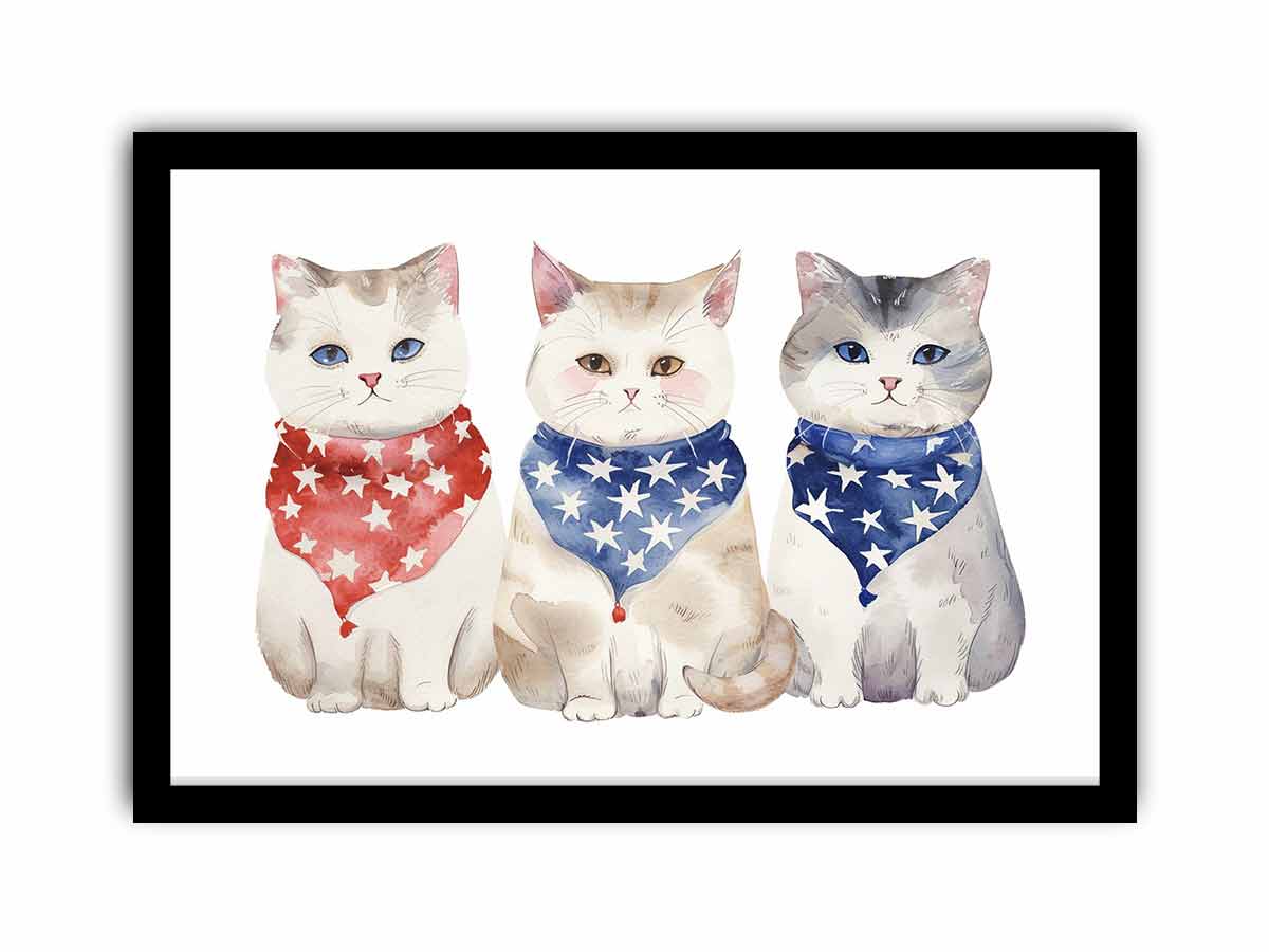 Three watercolor cats wearing red and blue star bandanas for cute family wall decor.