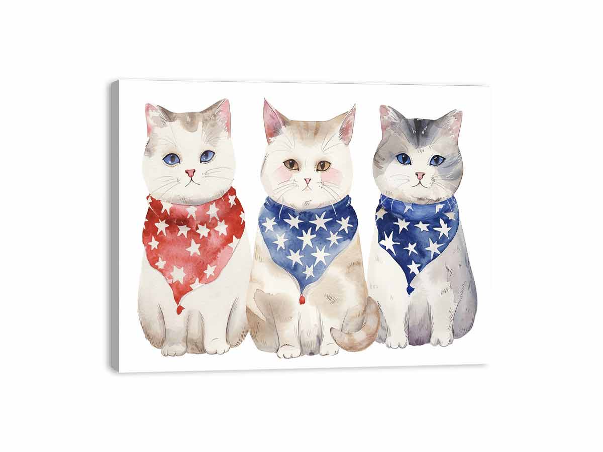 Three watercolor cats wearing red and blue star bandanas for cute family wall decor.