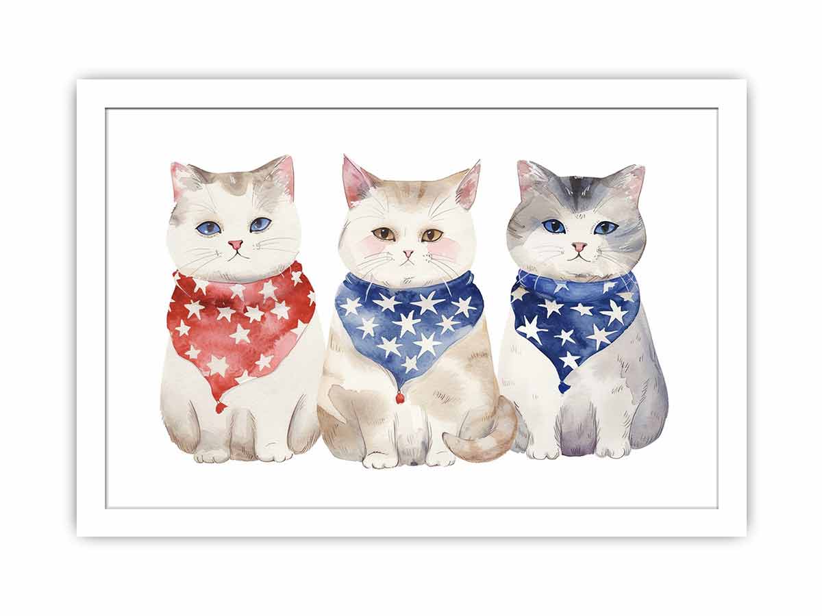 Three watercolor cats wearing red and blue star bandanas for cute family wall decor.