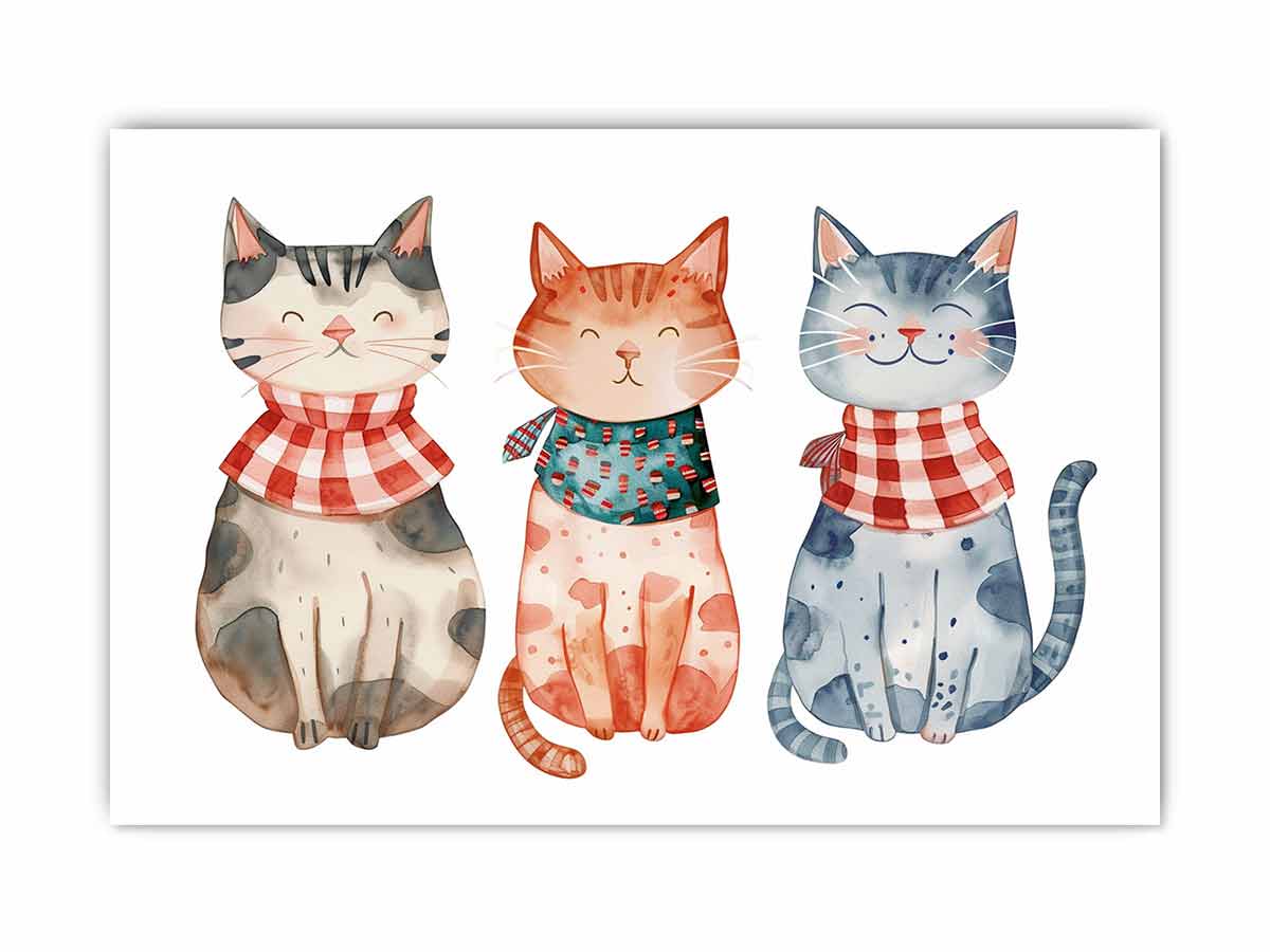 Three smiling watercolor cats in patterned scarves for playful nursery or family wall decor.