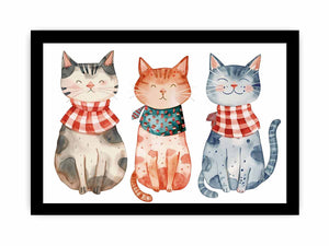 Three smiling watercolor cats in patterned scarves for playful nursery or family wall decor.