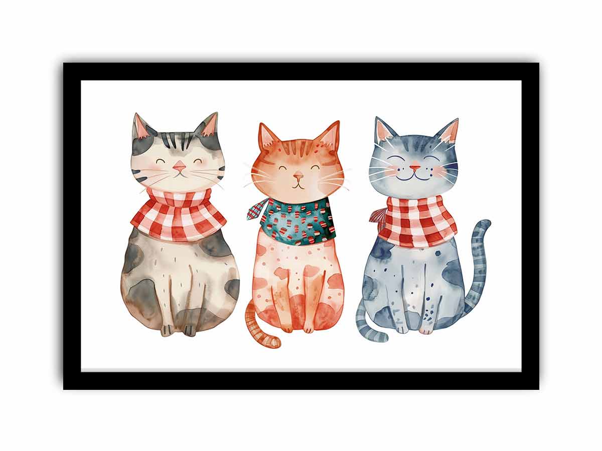 Three smiling watercolor cats in patterned scarves for playful nursery or family wall decor.