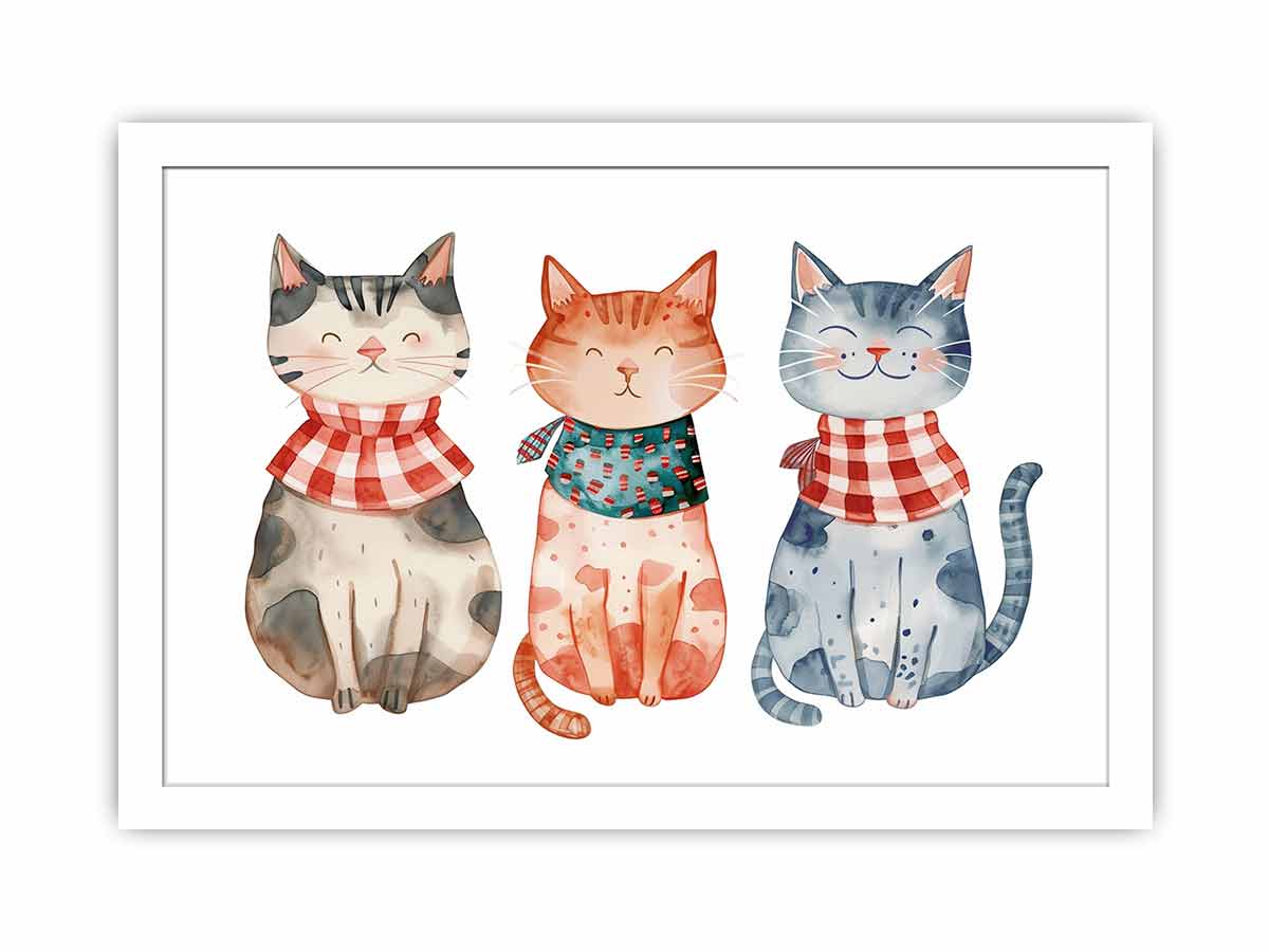 Three smiling watercolor cats in patterned scarves for playful nursery or family wall decor.
