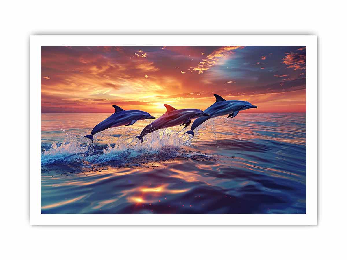 Three dolphins jumping through sunset ocean waves for coastal living room canvas decor.