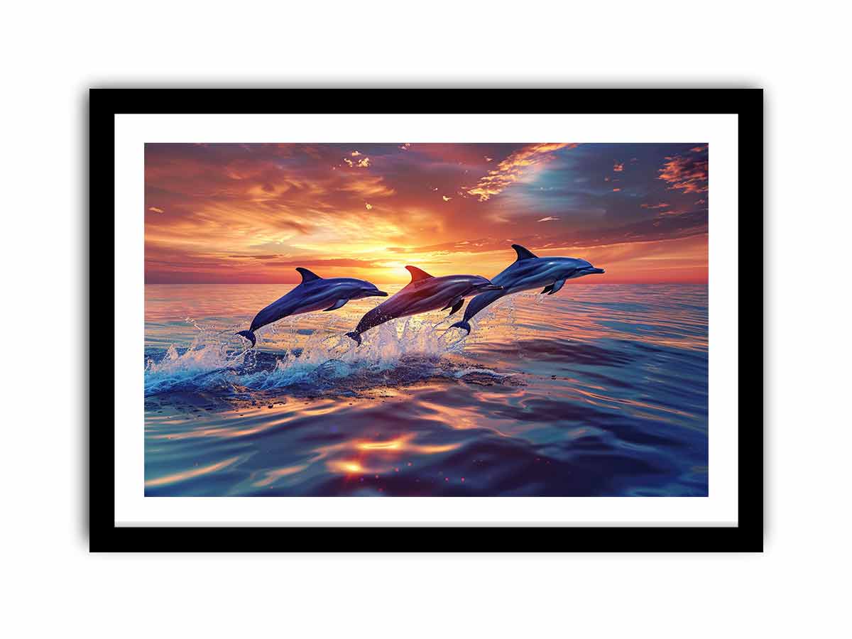Three dolphins jumping through sunset ocean waves for coastal living room canvas decor.