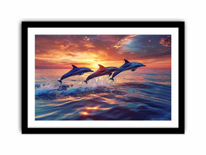 Three dolphins jumping through sunset ocean waves for coastal living room canvas decor.