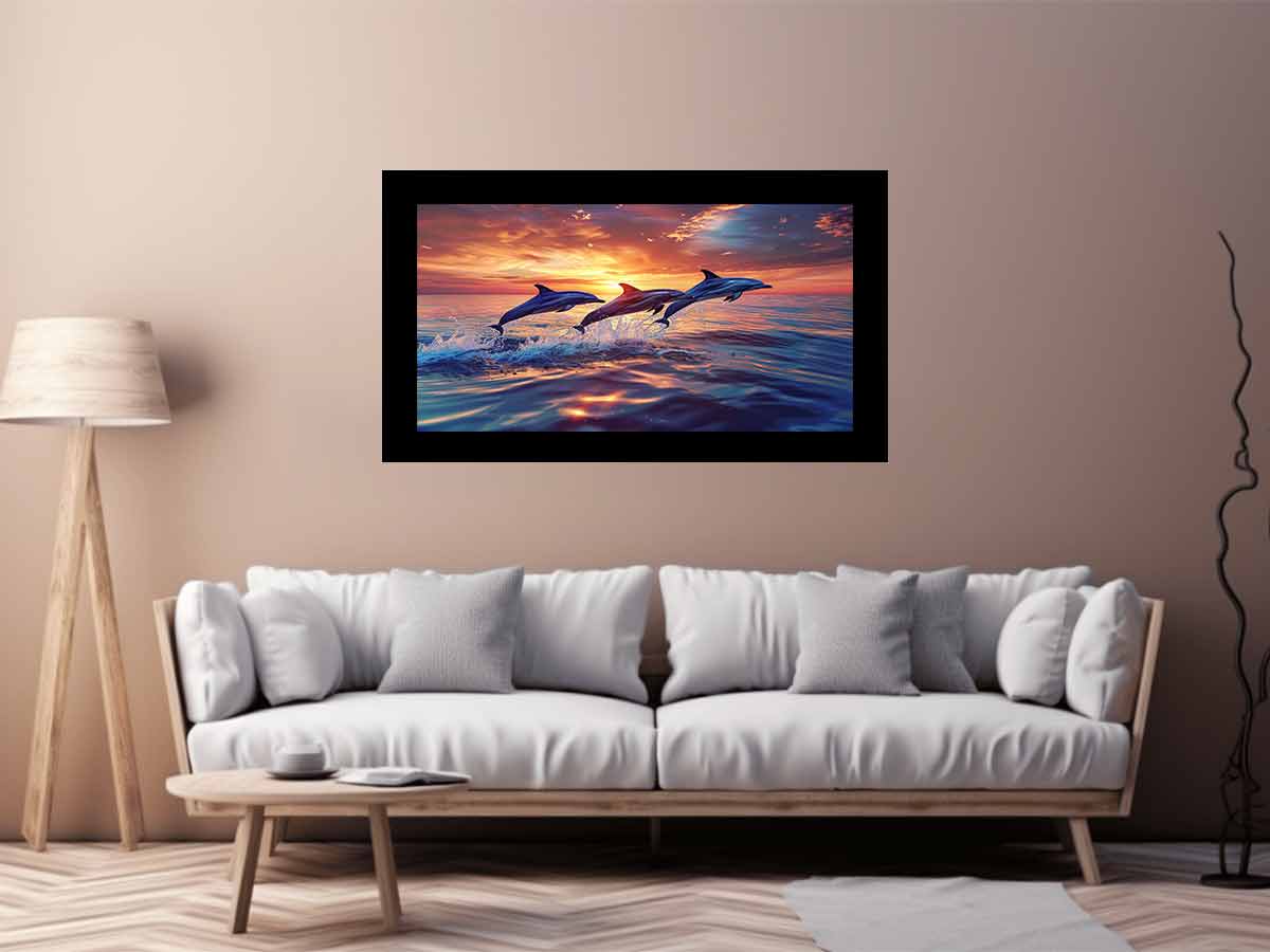 Three dolphins jumping through sunset ocean waves for coastal living room canvas decor.