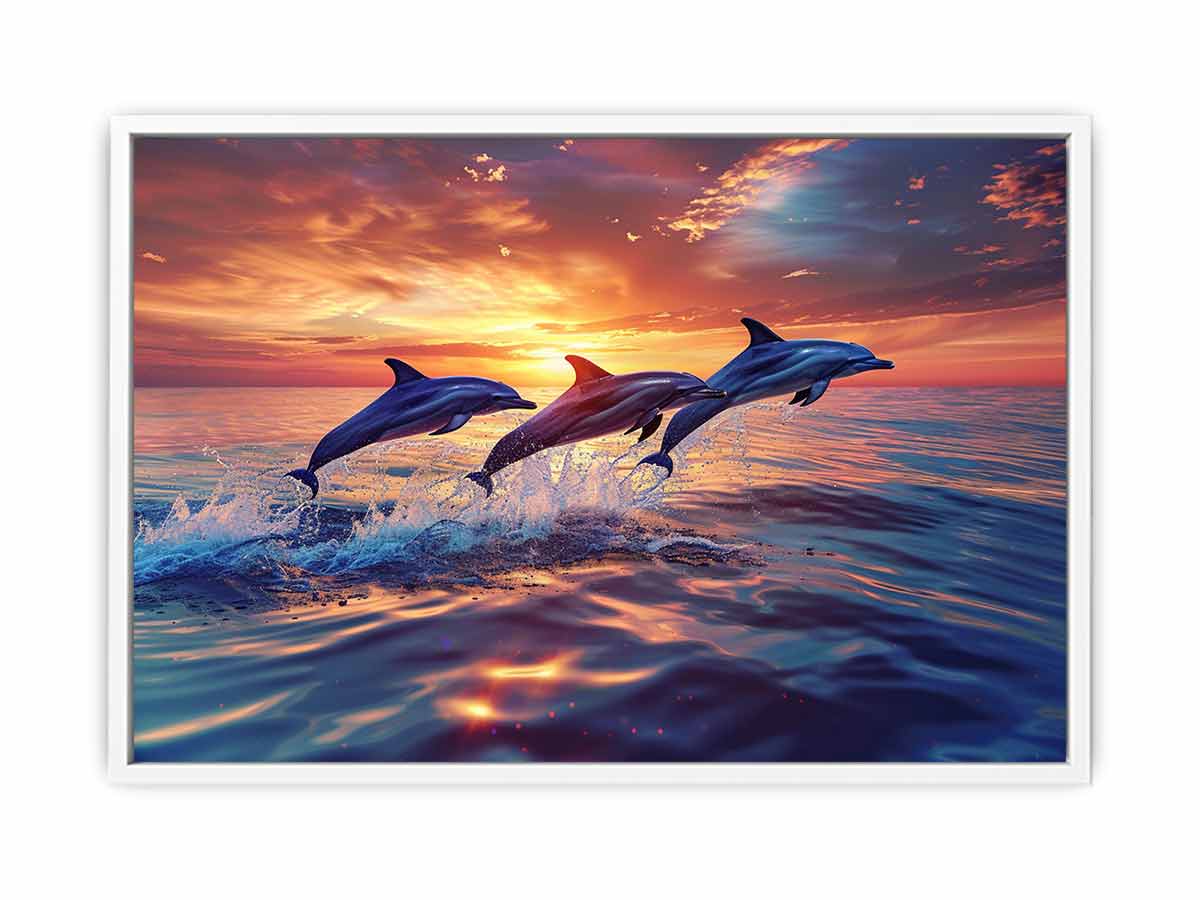 Three dolphins jumping through sunset ocean waves for coastal living room canvas decor.