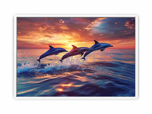 Three dolphins jumping through sunset ocean waves for coastal living room canvas decor.